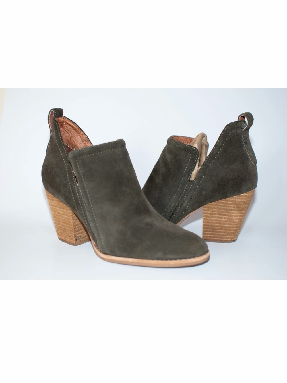 Jeffrey Campbell Suede Ankle Bootie Olive Green 8.5 Stacked Heel Old Money Boho